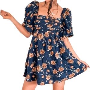 Abercrombie & Fitch Navy Floral Puff-Sleeve Mini Dress